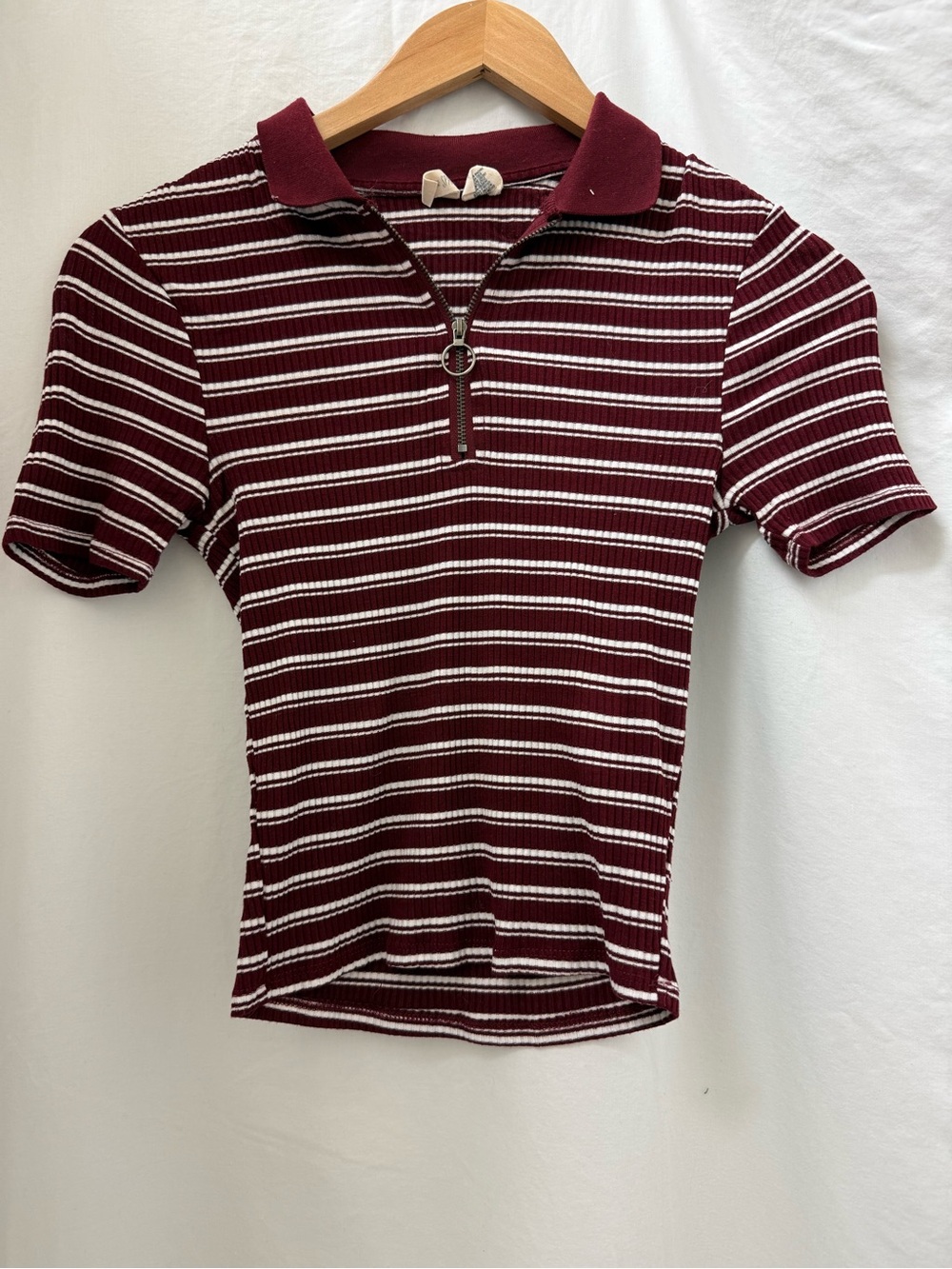Women’s Striped Polo Zip Top in Burgundy and White